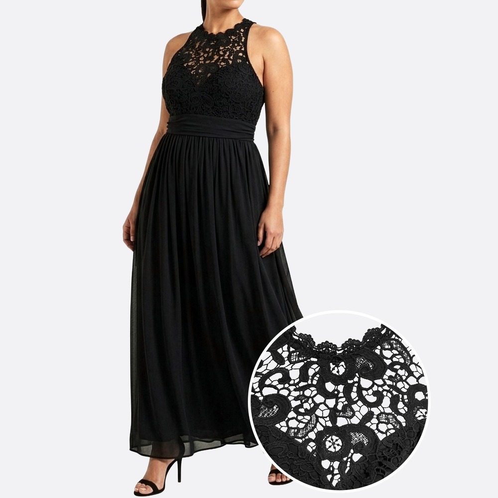 Maniju Guipure Lace Halter M L 10 Black Maxi Dress Quiet Luxury Gown Goth Chic